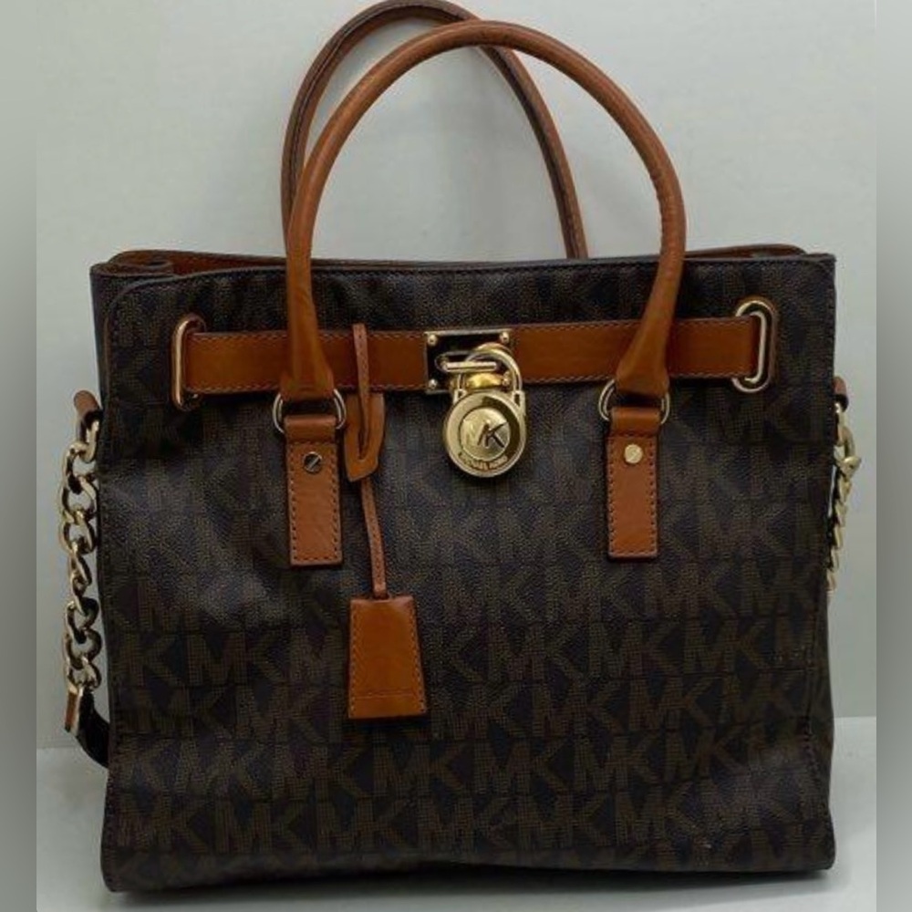 Michael Kors Hamilton North South Brown Signature Satchel Bag 14x13